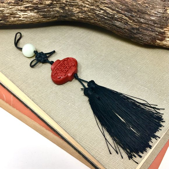 Mini Chinese Knot Red Cinnabar Bead Black Tassel Hanging Pendant Charm - Picture 1 of 16